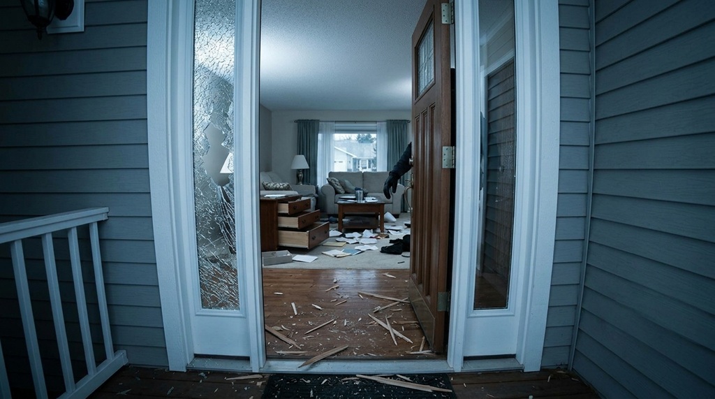 homeowner calling police after discovering burglary damage