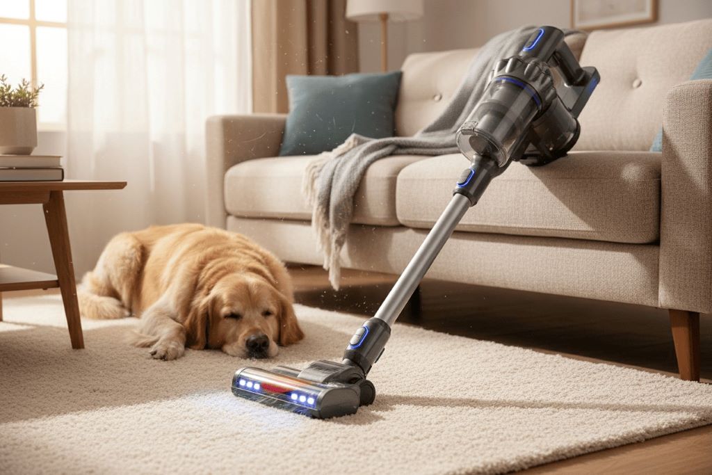 Cordless vacuum removing pet hair from carpet in a Michigan home, showcasing powerful suction and a motorized brush for deep cleaning