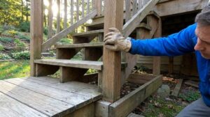 Homeowner inspecting unstable outdoor deck structure in Charlotte
