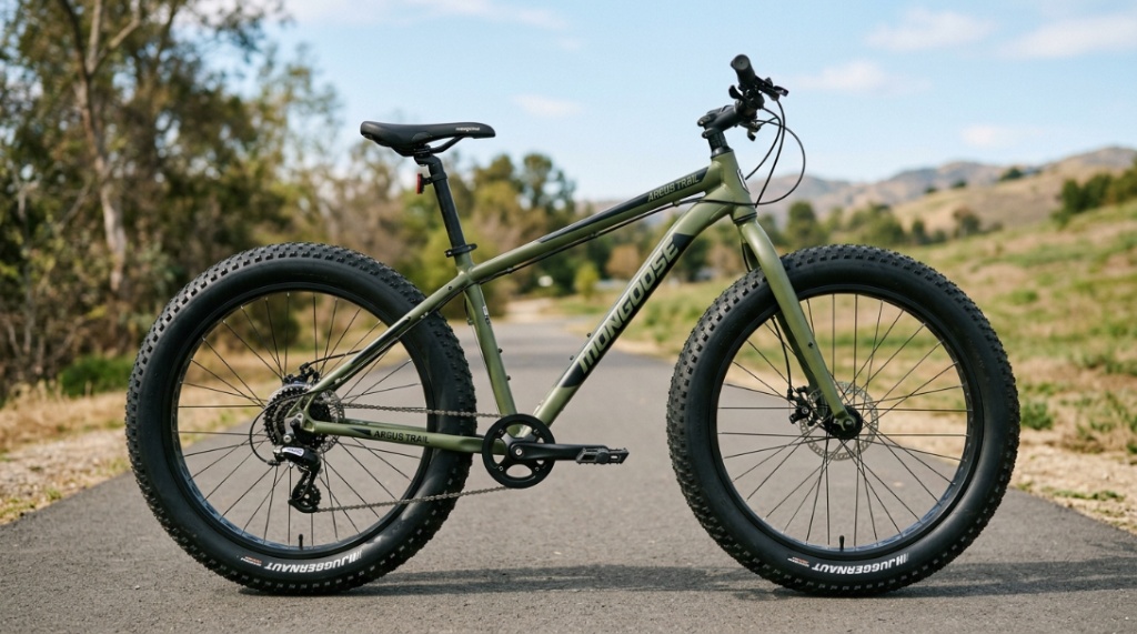 Mongoose Argus Trail fat tire bike standing on a clean outdoor trail.