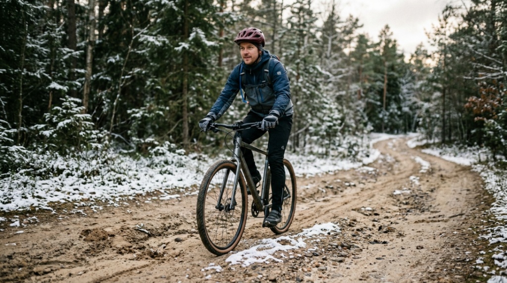 Cyclist riding Mongoose Argus Trail fat tire bike across a sandy path.