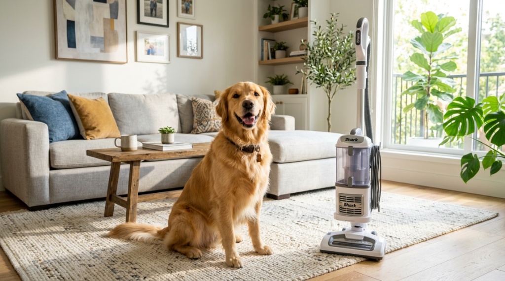 Golden retriever sitting on a clean rug next to a Shark pet vacuum.