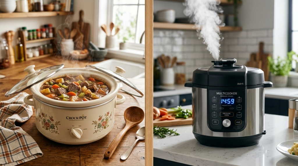 Side-by-side comparison of a traditional slow cooker and a modern digital multi-cooker.
