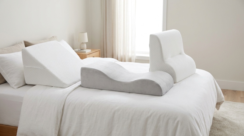 A contoured leg elevation wedge pillow supporting a person's knees on a mattress.