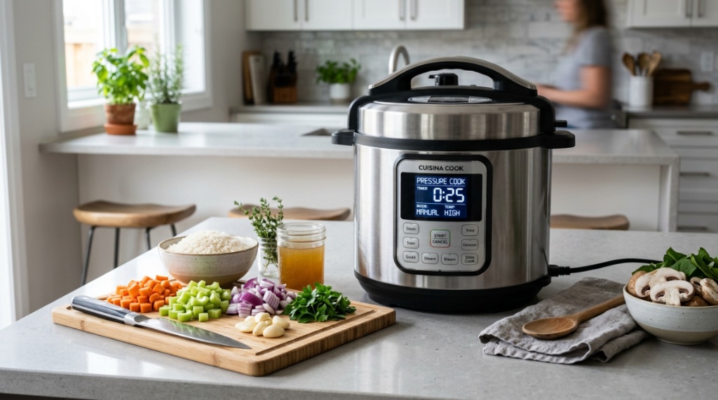 A stainless steel multi-cooker displaying digital settings next to fresh chopped vegetables.