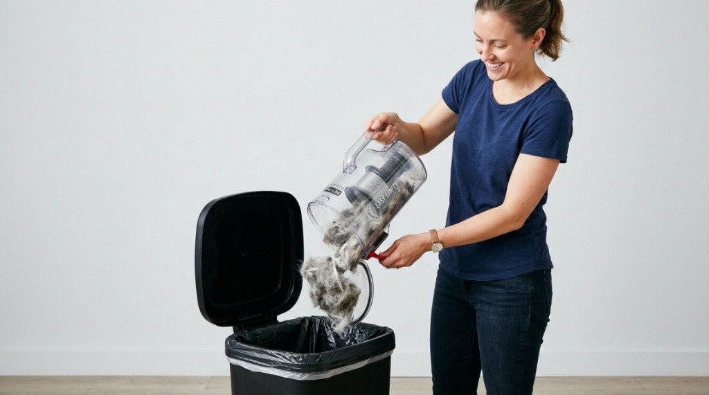 Hands emptying a vacuum cleaner dust cup filled with pet hair.