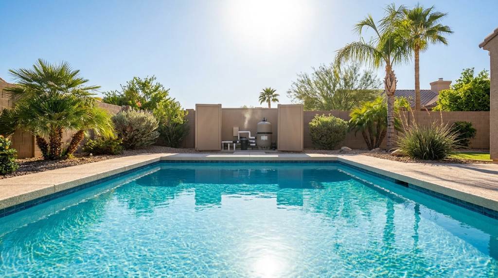 Clear backyard swimming pool in Phoenix Arizona under sunny skies