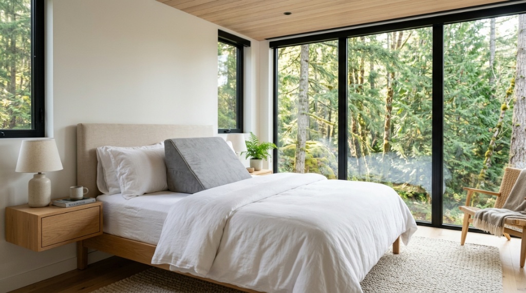 A memory foam bed wedge pillow on a queen bed in a modern bedroom.