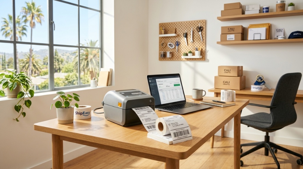 Sleek thermal label printer printing shipping labels in sunlit California workspace.