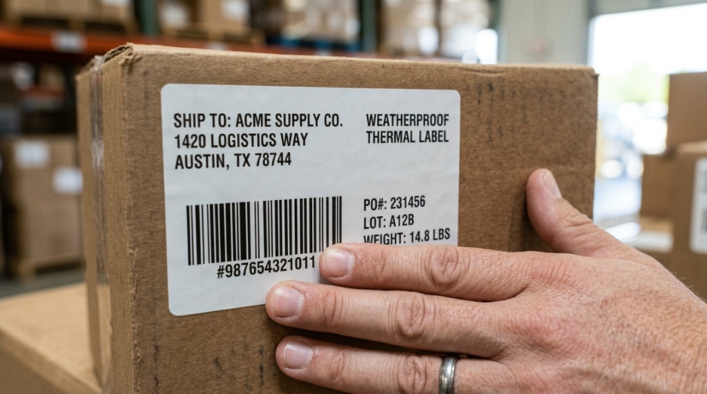 Sleek thermal label printer printing shipping labels in sunlit California workspace.