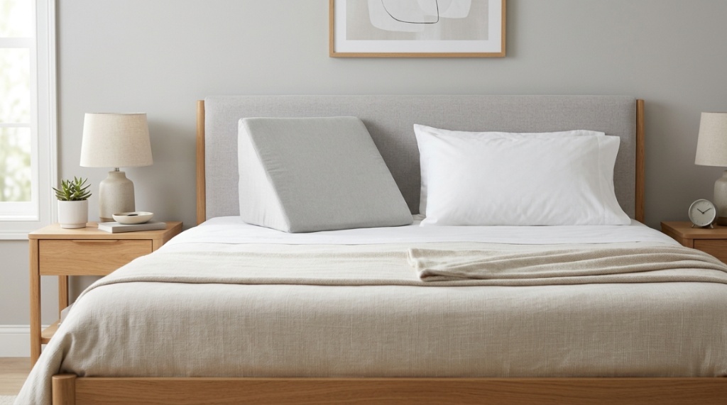 A bed wedge pillow alongside a standard queen pillow on clean bedding.