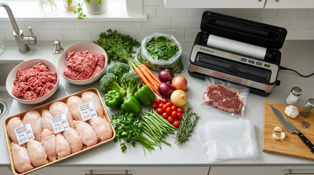Bulk meat and vegetables on a kitchen counter next to a vacuum sealer machine.