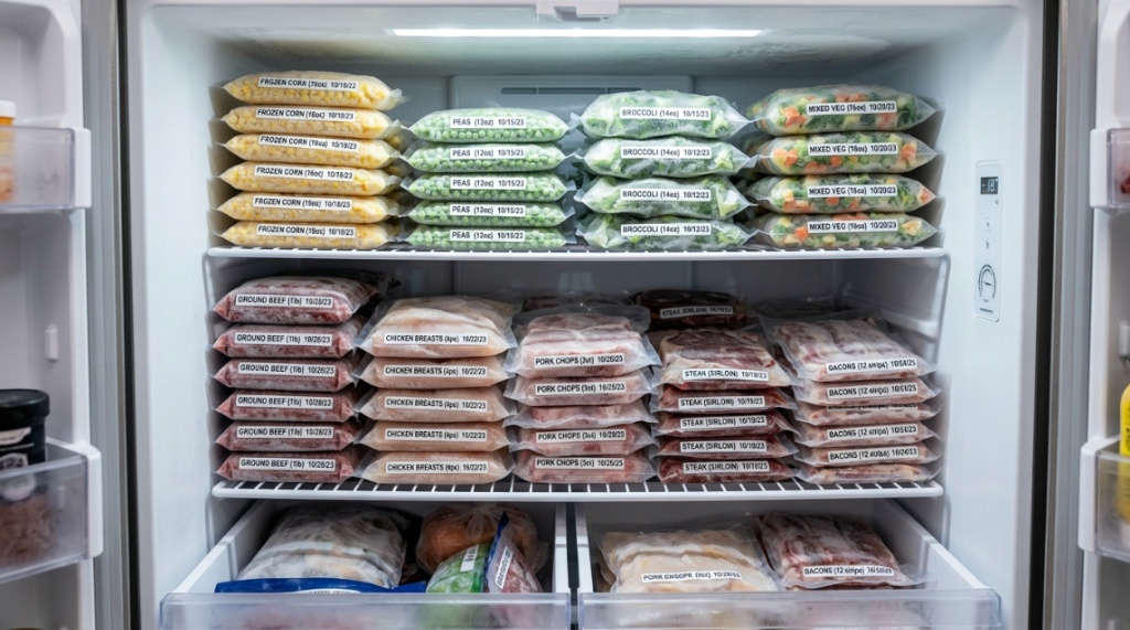 Neatly stacked and labeled vacuum sealed food bags inside an organized home freezer.