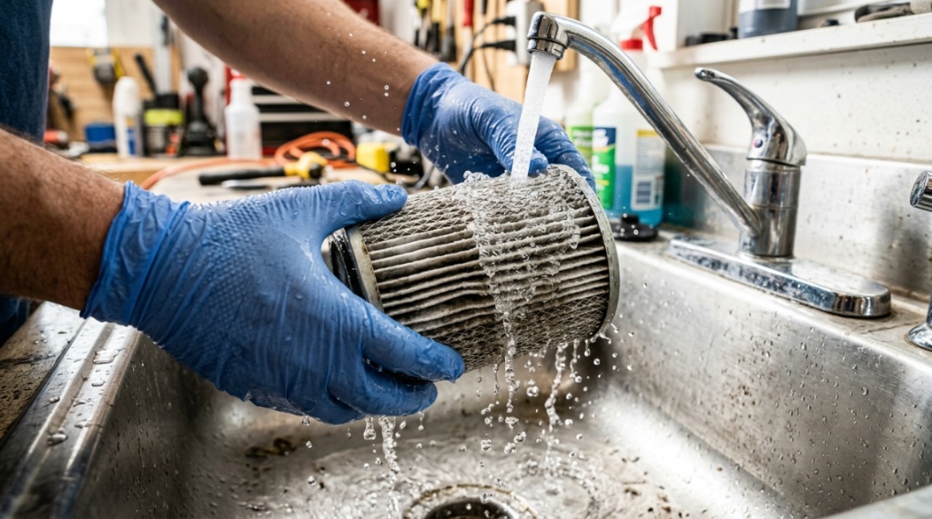 Hands washing a wet dry vacuum cartridge filter under running water.