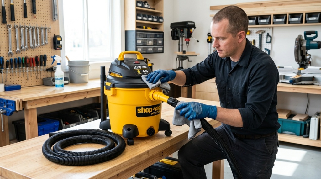 Person cleaning the hose of a yellow wet dry vacuum in a workshop.