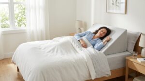Person sleeping comfortably elevated on an adjustable wedge pillow.