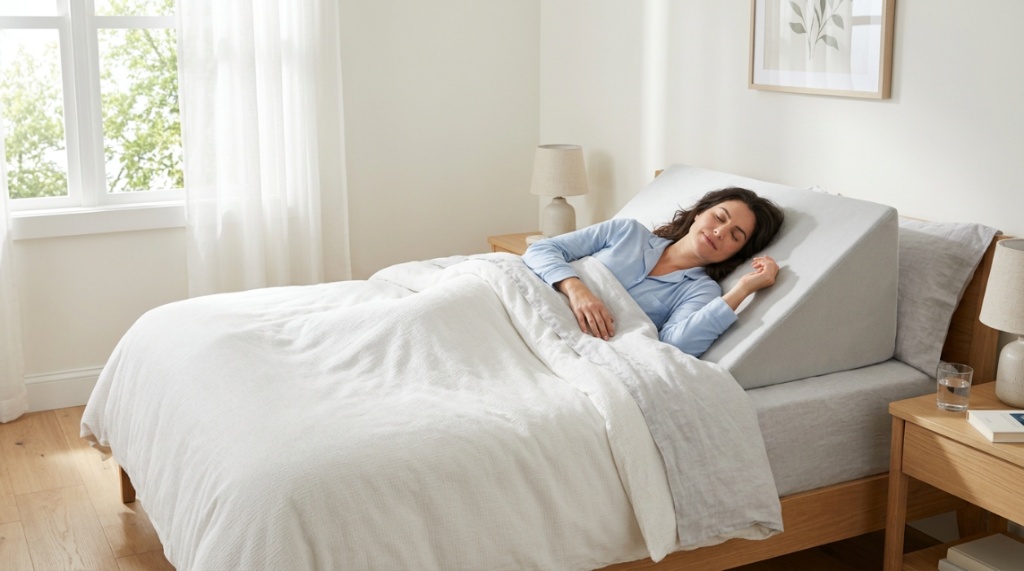 Person sleeping comfortably elevated on an adjustable wedge pillow.