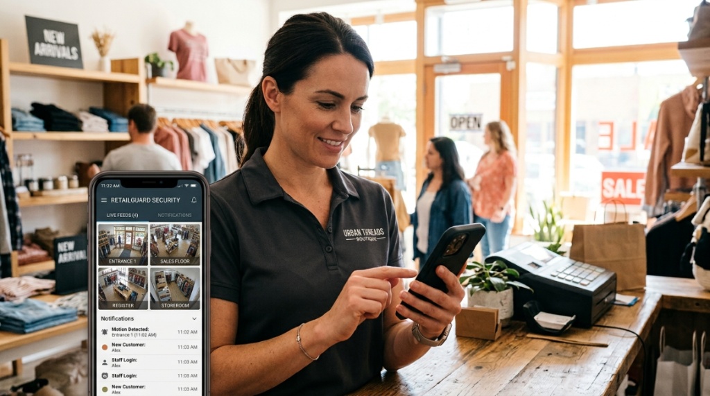 Retail store owner checking security camera notifications on a smartphone inside a Texas business.