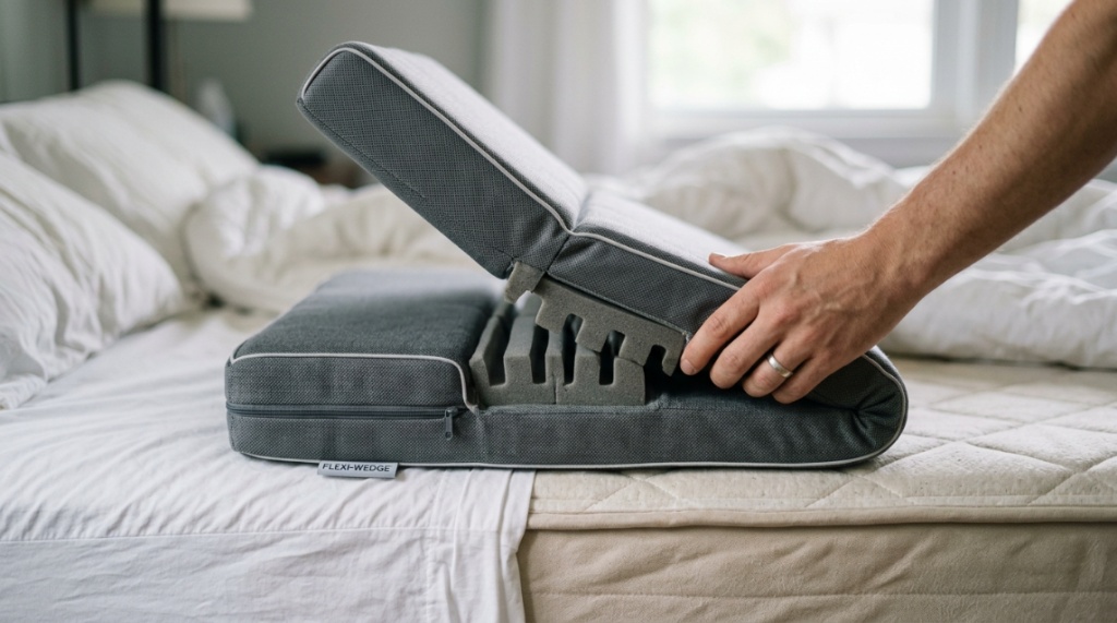 Close-up of a multi-fold adjustable wedge pillow on a bed.