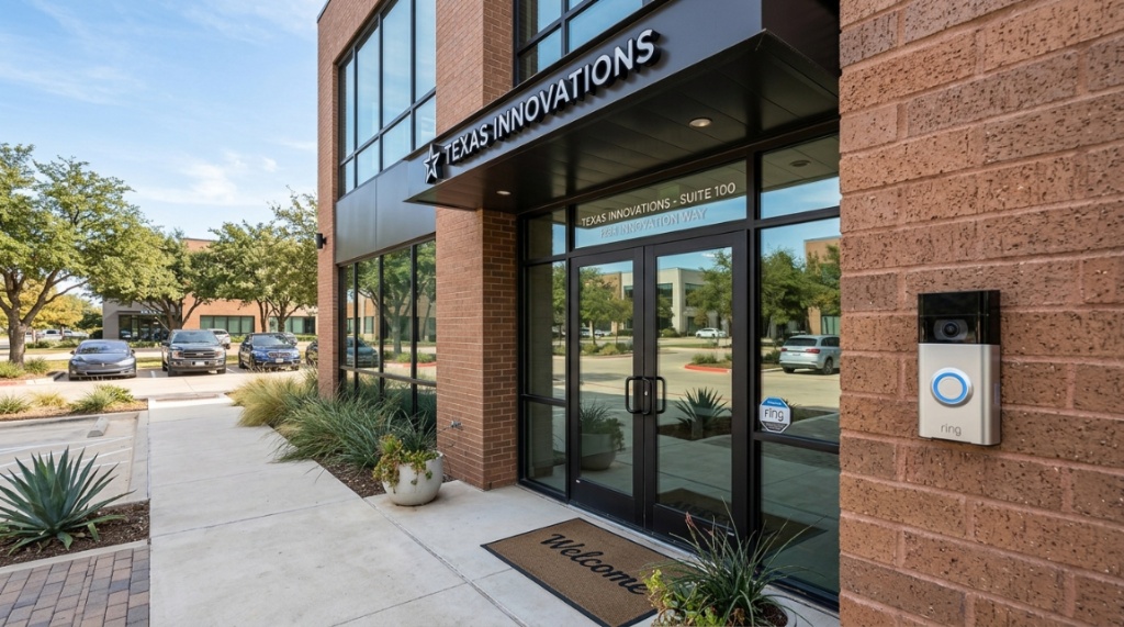 Modern Ring video doorbell mounted on a brick wall outside a Texas business office entrance.