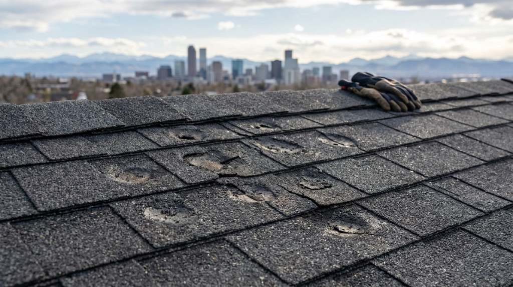 Roofing contractor inspecting hail damage in Denver
