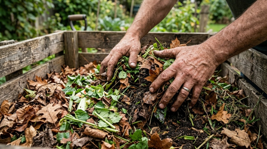 Hands mixing dry brown leaves and green yard waste in a wooden compost bin.