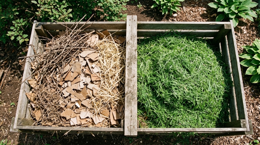 Piles of dry twigs, straw, and fresh grass clippings organized side by side.