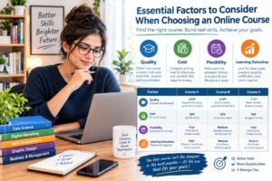 Professional comparing online courses based on quality, cost, flexibility, and learning outcomes