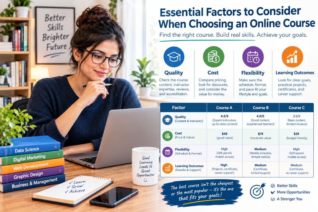 Professional comparing online courses based on quality, cost, flexibility, and learning outcomes