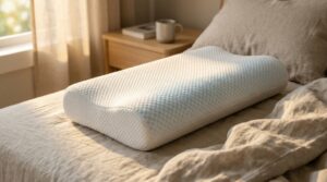 A person peacefully sleeping on a cooling memory foam pillow.