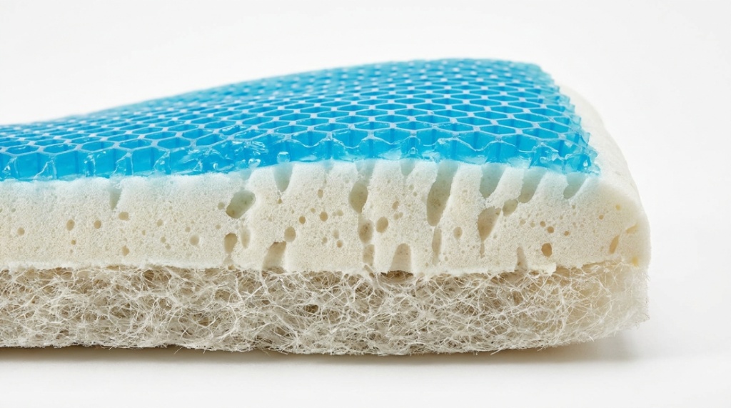 Close-up of a cutaway view showing gel layers inside a memory foam pillow.
